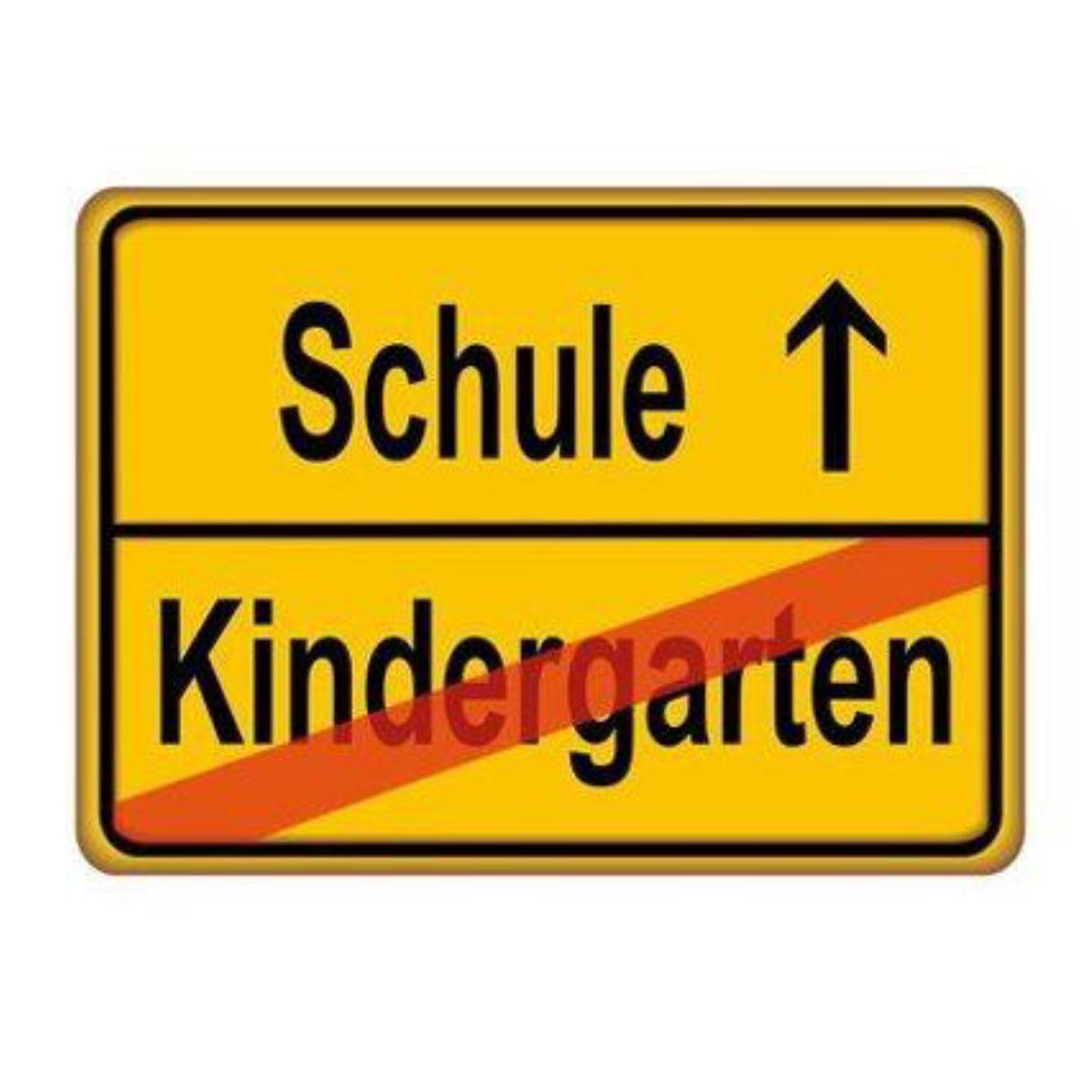 Schild mit Kindergarten durchgestrichen und Pfeil mit der Aufschrift Schule